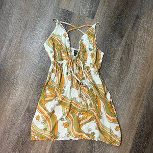 Wild Fable Strappy Mini Dress XS White Green Yellow Retro Floral Boho Summer